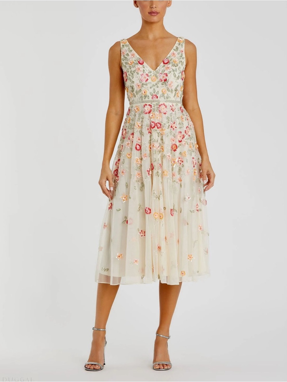 Mac Duggal White V-neck Embellished Floral Beaded A-line Dress 5527 Size 8 NWT